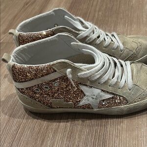Golden Goose Tan and White Sparkly Sneakers